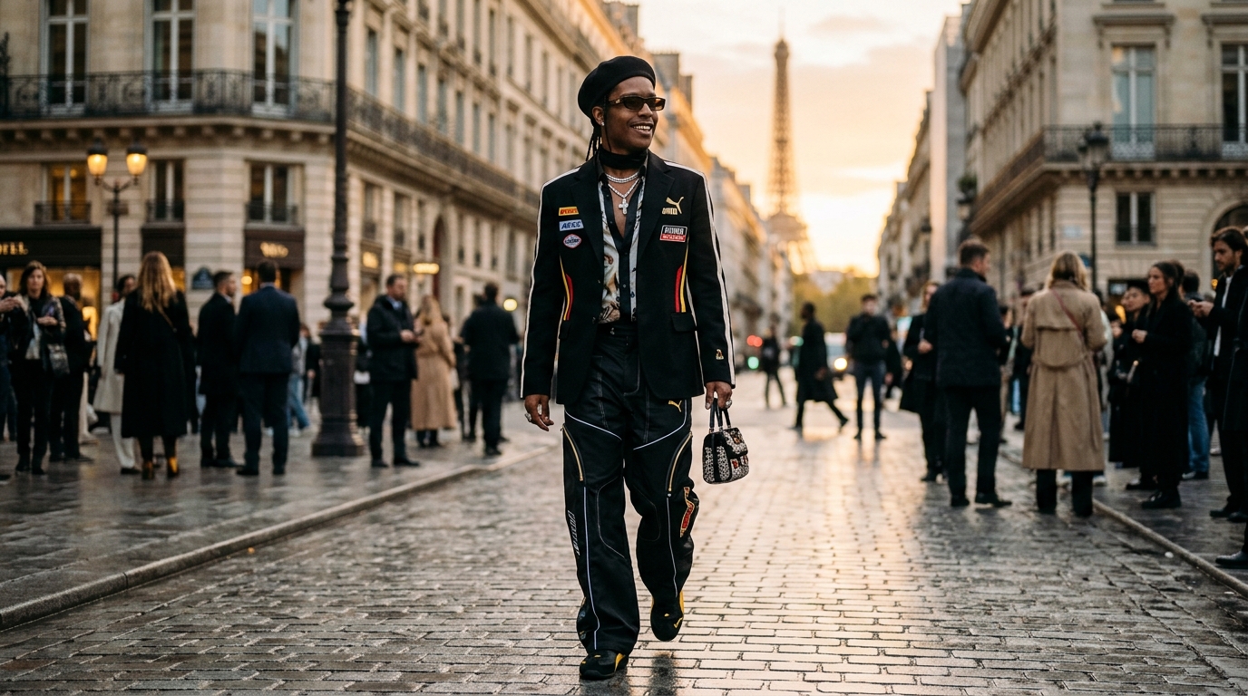 A$AP Rocky in Paris wearing PUMA collaboration tailoring